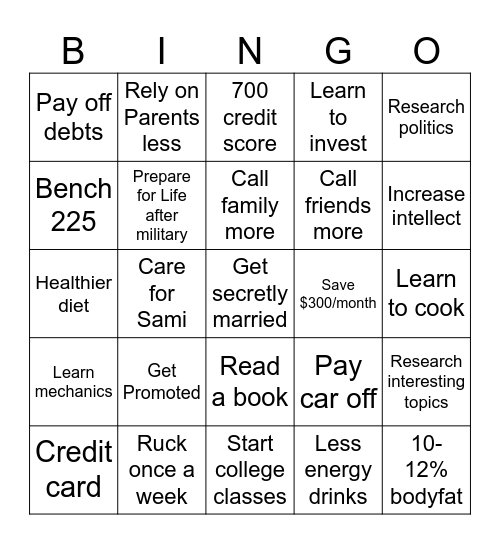 Goals bingoStart Bingo Card