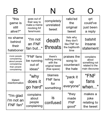 "QRTs On an FNF Tweet That Left The Target Audience" Bingo: Bingo Card