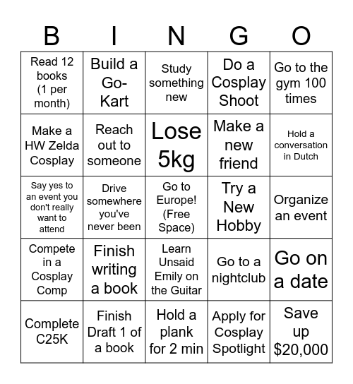 New Year's Resolutions Bingo Card