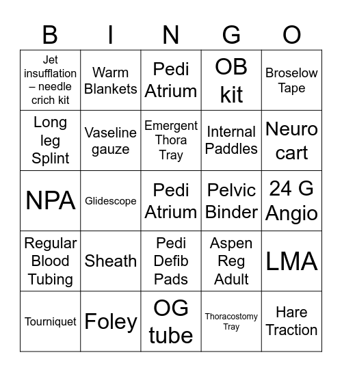 Trauma Room BINGO Card