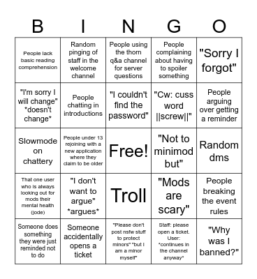 Moderating tt Bingo Card