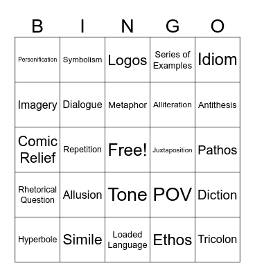 Rhetorical Devices Bingo Card