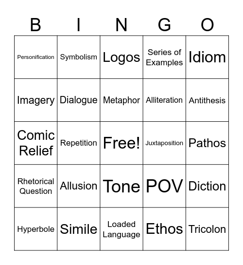 Rhetorical Devices Bingo Card