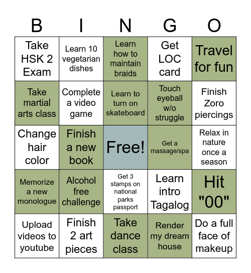 New Year Resolutions Bingo Card