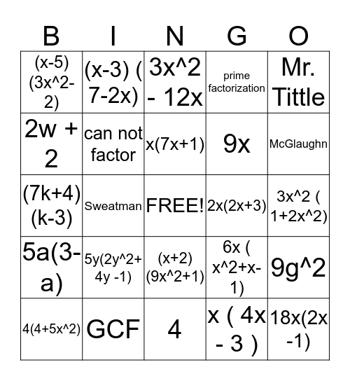 polynomials Bingo Card