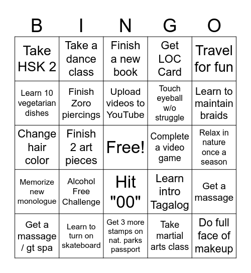 New Year Resolutions Bingo Card