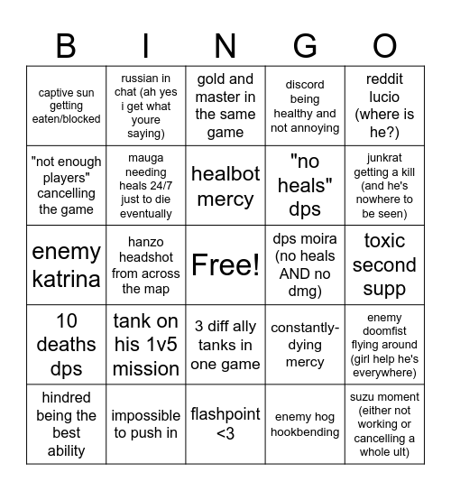 Overwatch Gaming Session Bingo Card