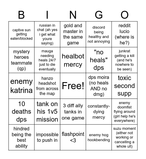 Overwatch Gaming Session Bingo Card
