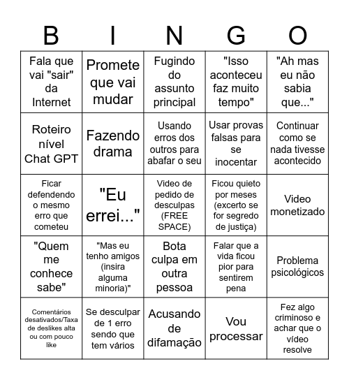 Bingo video de pedido de desculpa Bingo Card