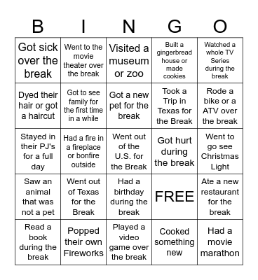 Welcome Back! Bingo Card