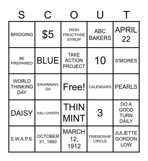 GIRL SCOUT TRIVIA BINGO Card