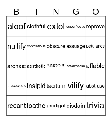 Vocab words  Bingo Card