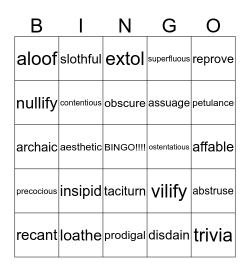 Vocab words  Bingo Card