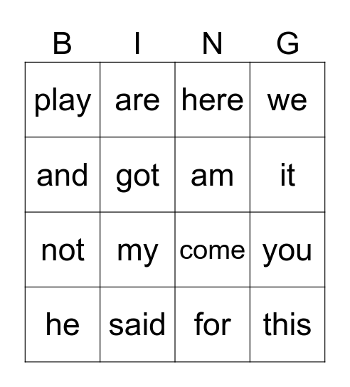Level C words Bingo Card