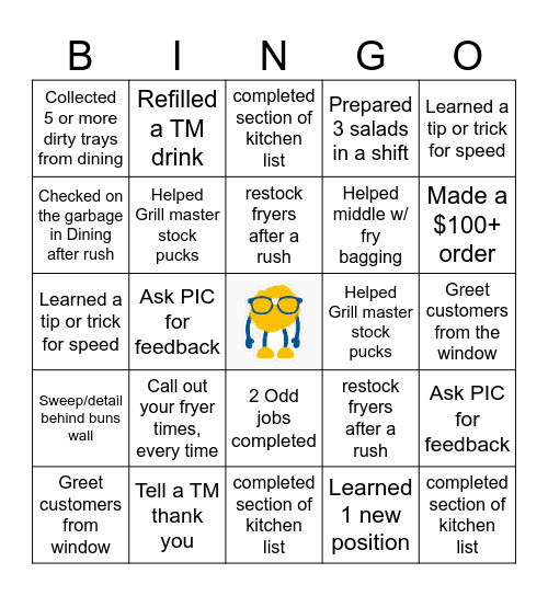 Culvers BOH Bingo Card