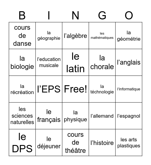 Les Cours Bingo Card