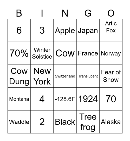 Winter Trivia Bingo Card