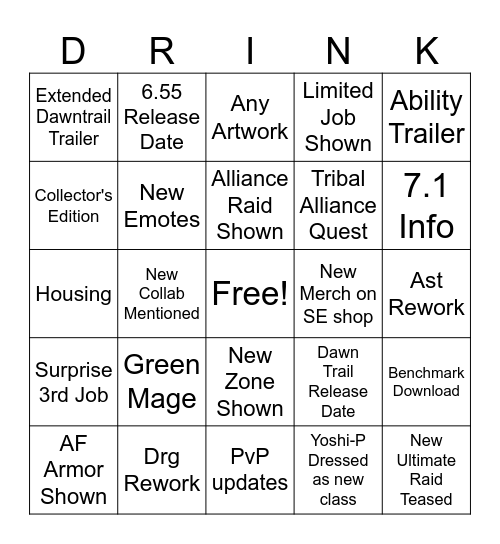 Drink Card Bingo Card