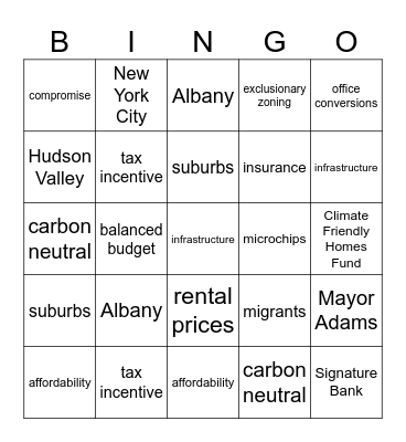 Governor Hochul's 2024 State of the State Bingo Card