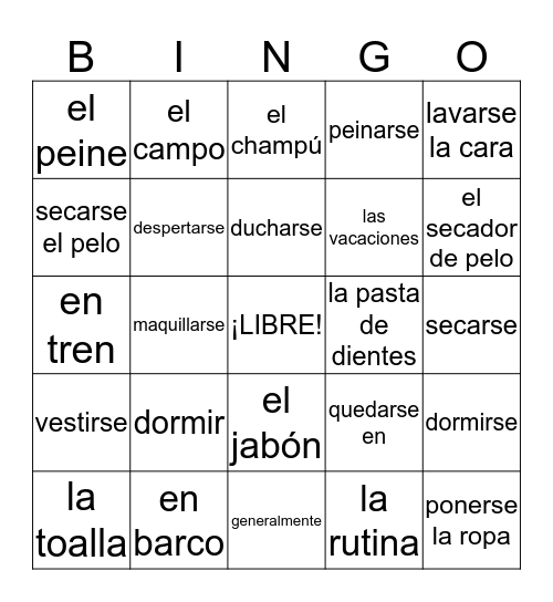 Español 1 - U8L1 Bingo Card
