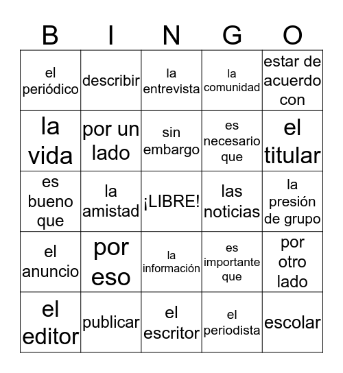 Español 2 - U7L1 Bingo Card