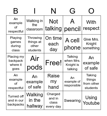 Back to School Bingo Card