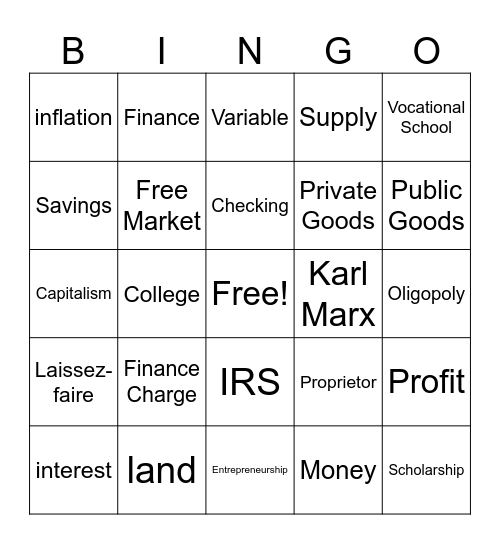 Economics/Personal Finance Bingo Card