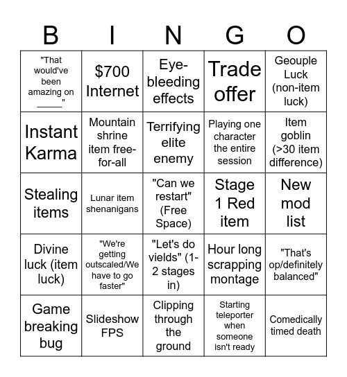 Risk of Rain Bingo Card