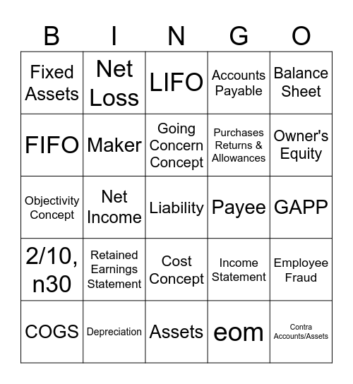 Accounting Vocab Bingo Card