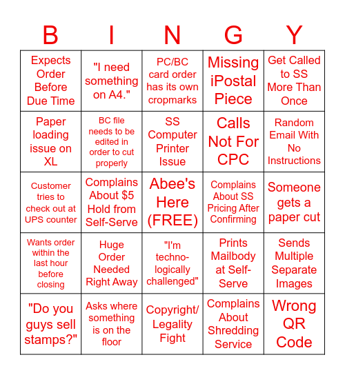 STAPLES CPC BINGY Bingo Card