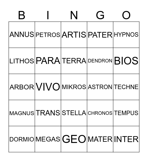 Latin/Greek Root Words Bingo Card