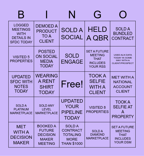 Southeast Sales Blitz BINGO Card