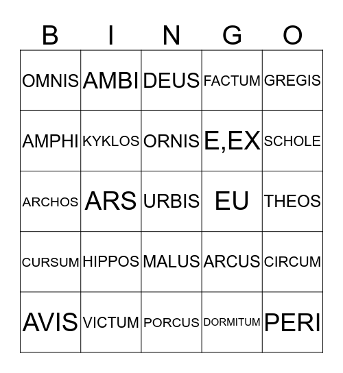 Latin/Greek Root Words Bingo Card