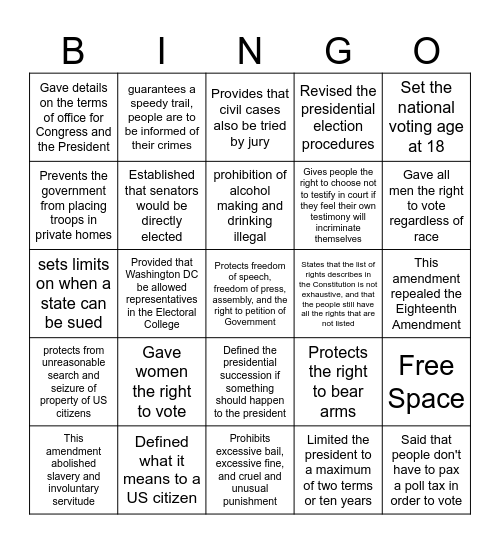 Amendments Bingo Card