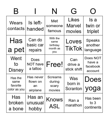 Human Bingo! Find Someone Who...Mingle and ask questions. If someone say yes, they must sign their name in that square. *You cannot sign someone else's name!* When you get 5 in a row (up/down/diagonal), say BINGO! Bingo Card