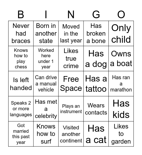 Icebreaker Bingo Card