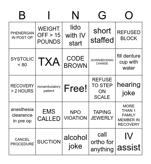 PACU BINGO Card