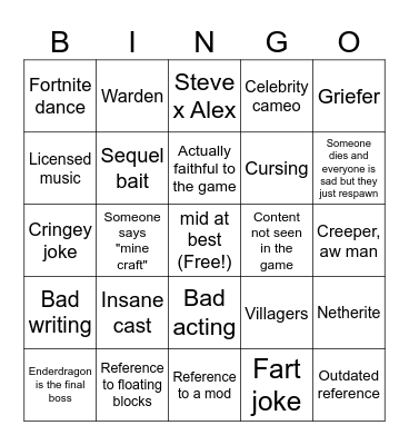 Minecraft Movie Bingo Card