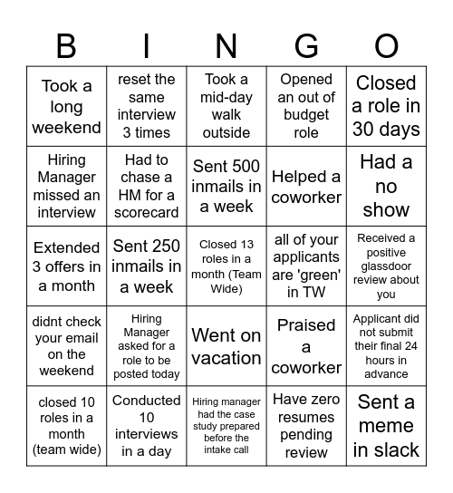 Talent Department Bingo 2024 Bingo Card