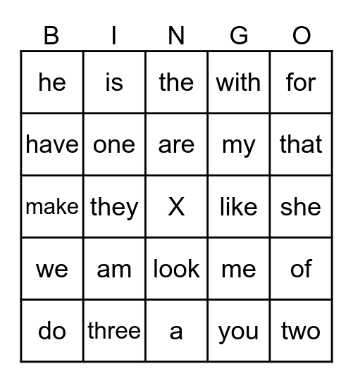 Sight Word Bingo Card