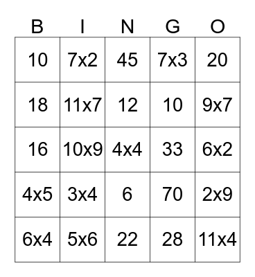 Multiplication Bingo Card