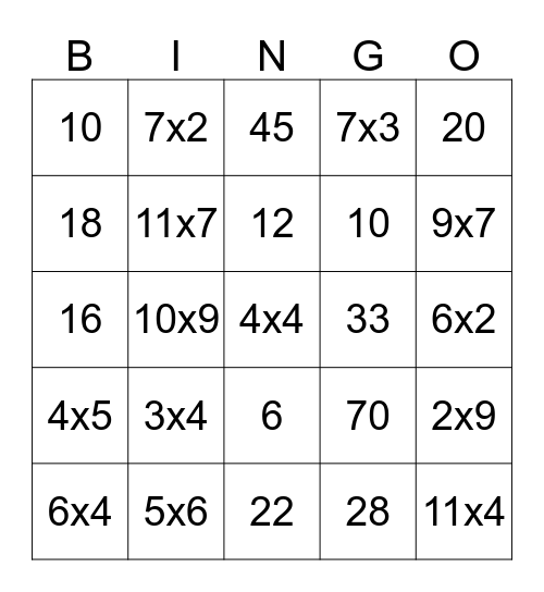 Multiplication Bingo Card