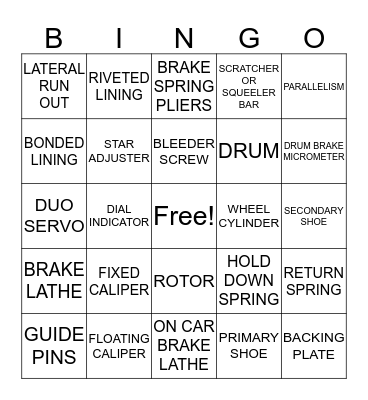 DISC AND DRUM BRAKES Bingo Card