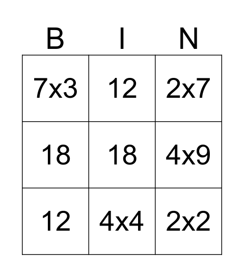 Multiplication Bingo Card