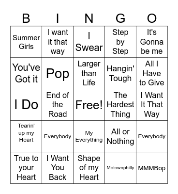 90's Boy Band Bingo Card
