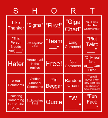 Youtube Short Comment Bingo Card