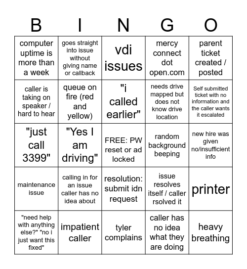 SERVICE CENTER BINGO Card