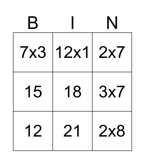 Multiplication Bingo Card