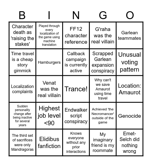 Ascian Lore Bingo Card