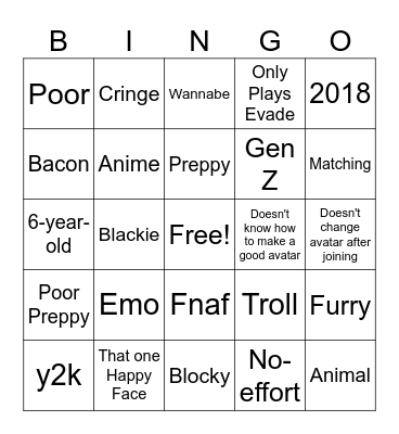 Roblox Avatars Bingo Card